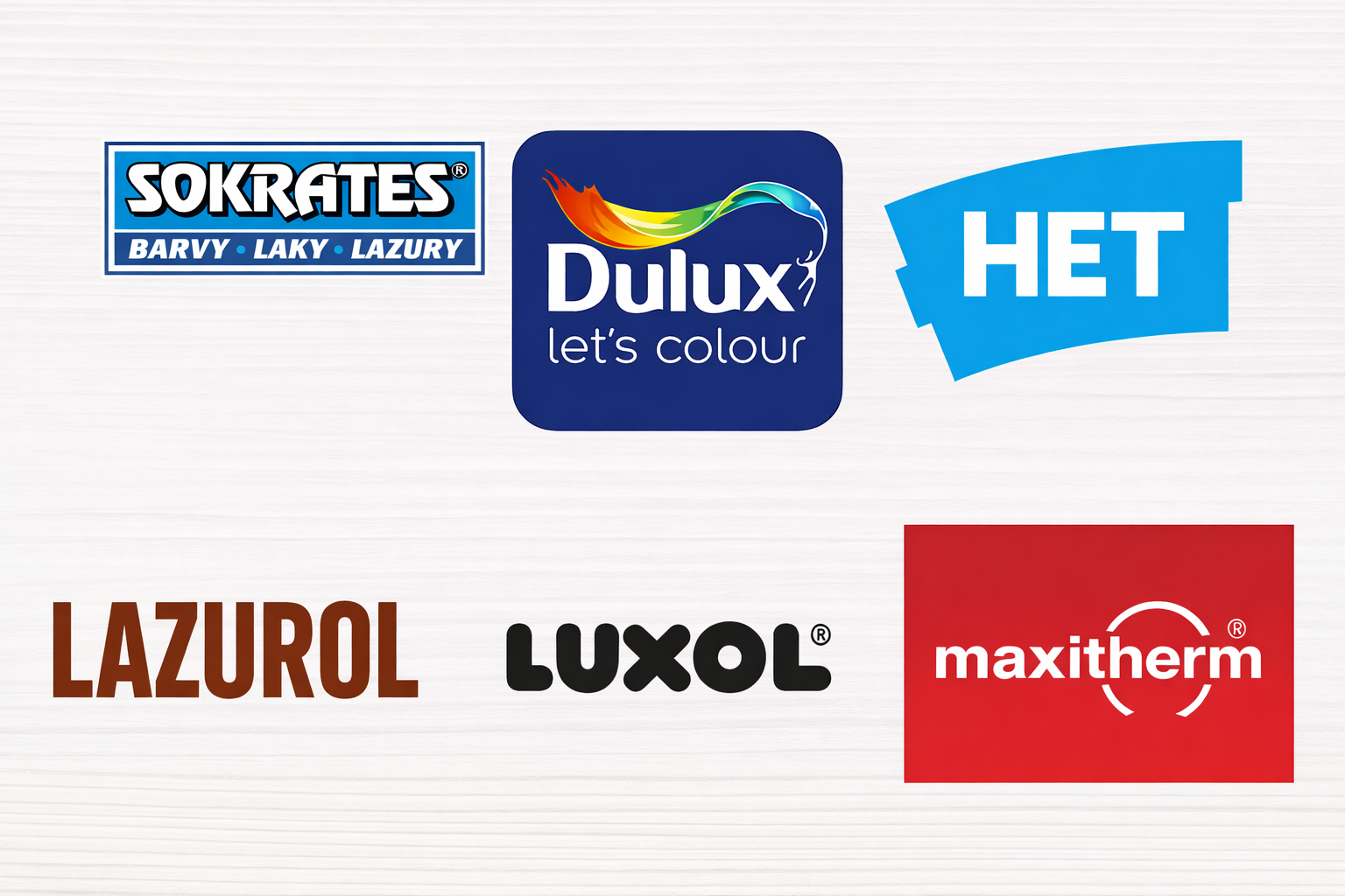 Dulux, Het, Sokrates, Denas, Remal, Osmo, Maxitherm, Xyladecor, Lazurol, Luxol, Perdix, Industrol, Hostagrund, Hammerite, Artemiss, BAL, Belton, Hitcolor, Max color, Schuller EH'klar, Spokar, Colorlak, Dimex, Patifix, HSC Deco a mnoho dalších ...